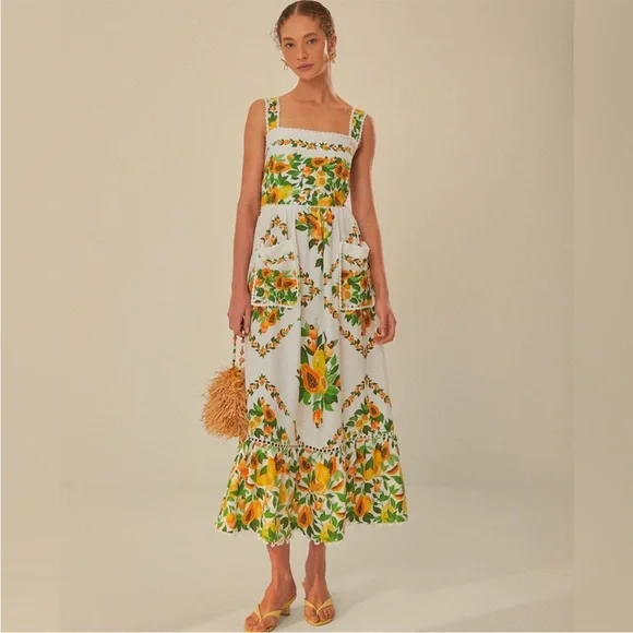 NWT Farm Rio Linen Papaya Salad Scarf Print Maxi Dress, Size XS - Picture 2 of 10